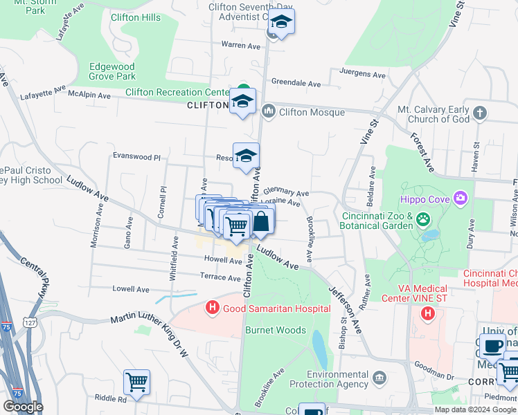 map of restaurants, bars, coffee shops, grocery stores, and more near 264 Loraine Avenue in Cincinnati