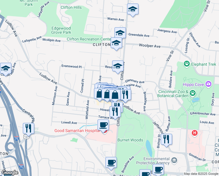 map of restaurants, bars, coffee shops, grocery stores, and more near 3503 Telford Street in Cincinnati