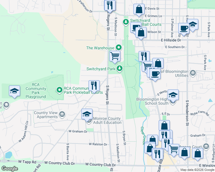 map of restaurants, bars, coffee shops, grocery stores, and more near in Bloomington