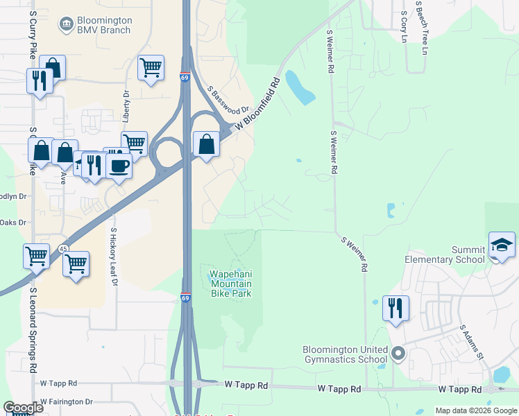 map of restaurants, bars, coffee shops, grocery stores, and more near 2106 South Oakdale Drive in Bloomington
