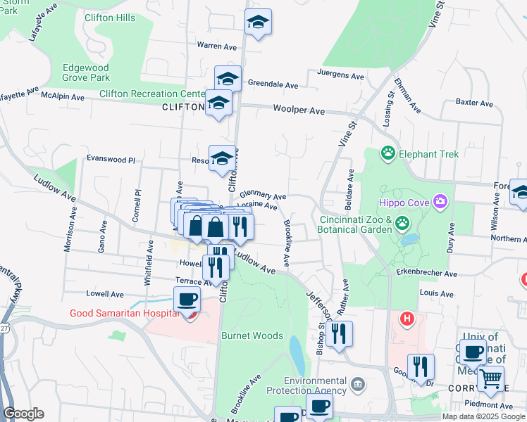 map of restaurants, bars, coffee shops, grocery stores, and more near in Cincinnati