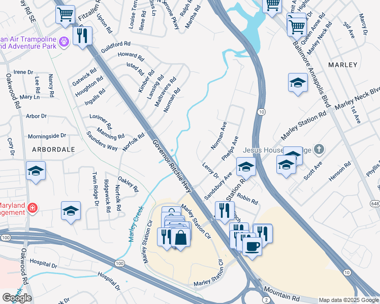 map of restaurants, bars, coffee shops, grocery stores, and more near 203 Lisa Lane in Glen Burnie