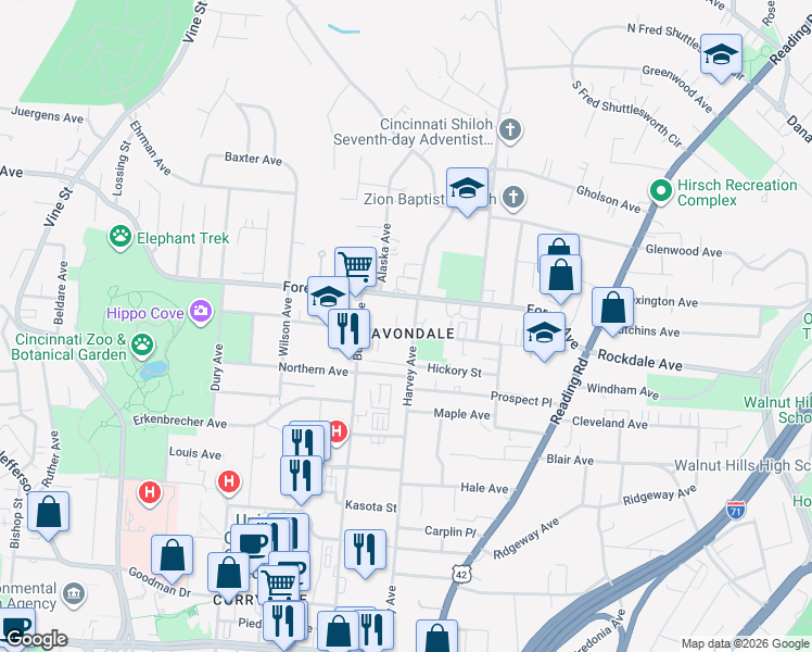 map of restaurants, bars, coffee shops, grocery stores, and more near 3511 Harvey Avenue in Cincinnati