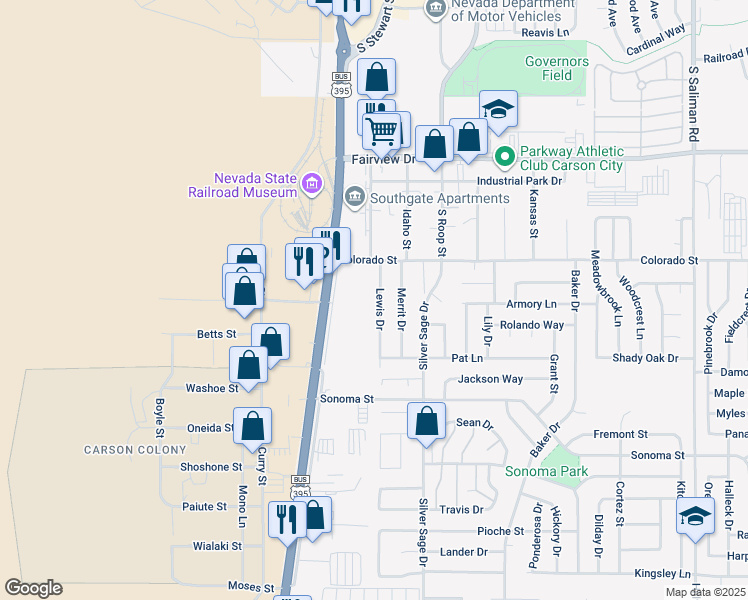 map of restaurants, bars, coffee shops, grocery stores, and more near 2400 Lewis Drive in Carson City