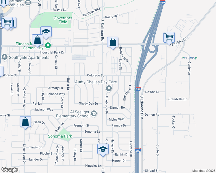 map of restaurants, bars, coffee shops, grocery stores, and more near 2439 Eastwood Drive in Carson City