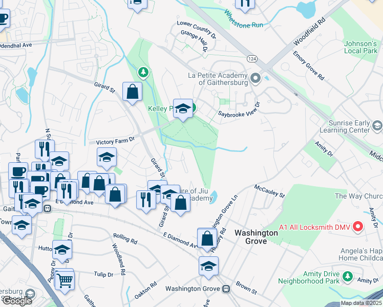 map of restaurants, bars, coffee shops, grocery stores, and more near 36 Steven Court in Gaithersburg