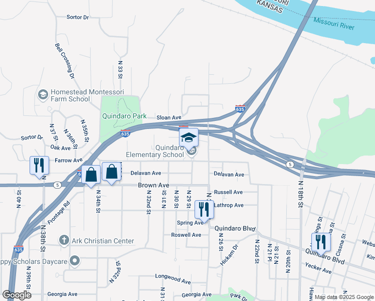 map of restaurants, bars, coffee shops, grocery stores, and more near 2800 Farrow Avenue in Kansas City