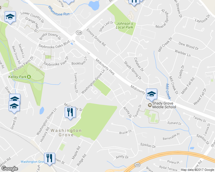 map of restaurants, bars, coffee shops, grocery stores, and more near 17647 Amity Drive in Gaithersburg