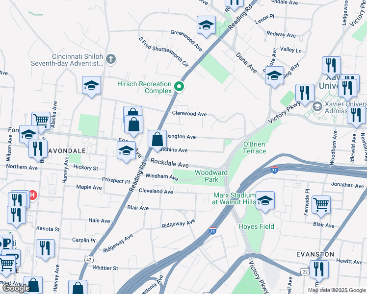 map of restaurants, bars, coffee shops, grocery stores, and more near 838 Hutchins Avenue in Cincinnati