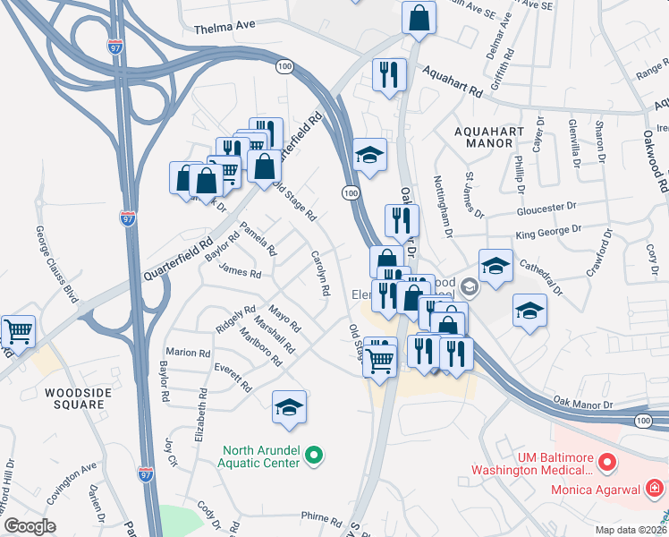 map of restaurants, bars, coffee shops, grocery stores, and more near 619 Old Stage Road in Glen Burnie