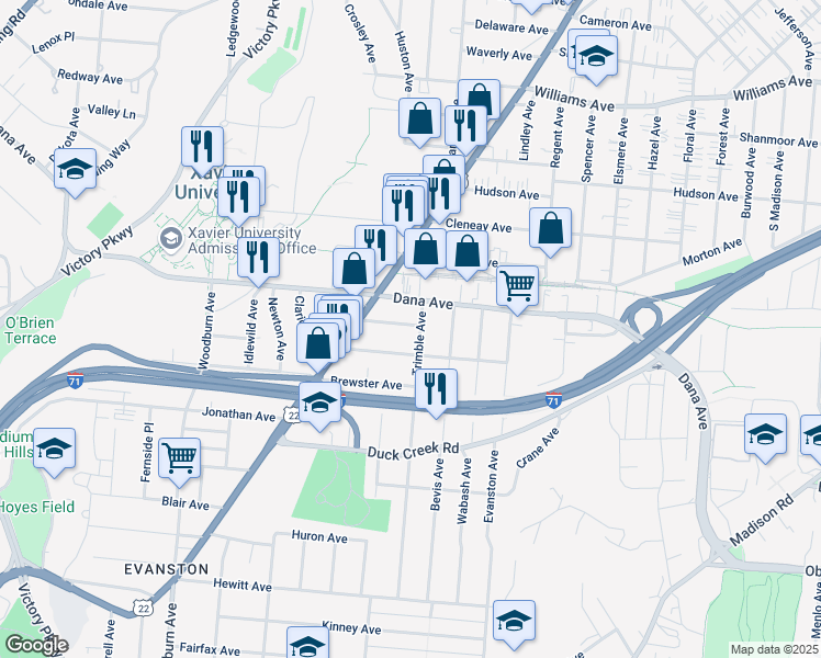 map of restaurants, bars, coffee shops, grocery stores, and more near 3619 Trimble Avenue in Cincinnati