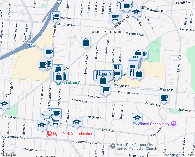 map of restaurants, bars, coffee shops, grocery stores, and more near 3728 Drake Avenue in Cincinnati