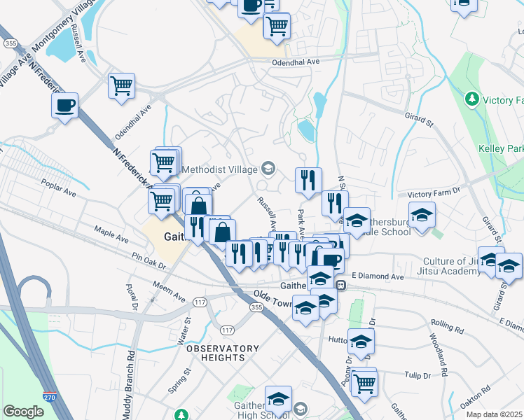 map of restaurants, bars, coffee shops, grocery stores, and more near 108 Russell Avenue in Gaithersburg