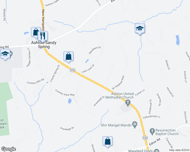 map of restaurants, bars, coffee shops, grocery stores, and more near 17601 New Hampshire Avenue in Ashton-Sandy Spring