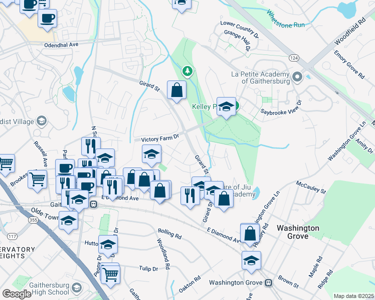 map of restaurants, bars, coffee shops, grocery stores, and more near 624 Whispering Wind Court in Gaithersburg