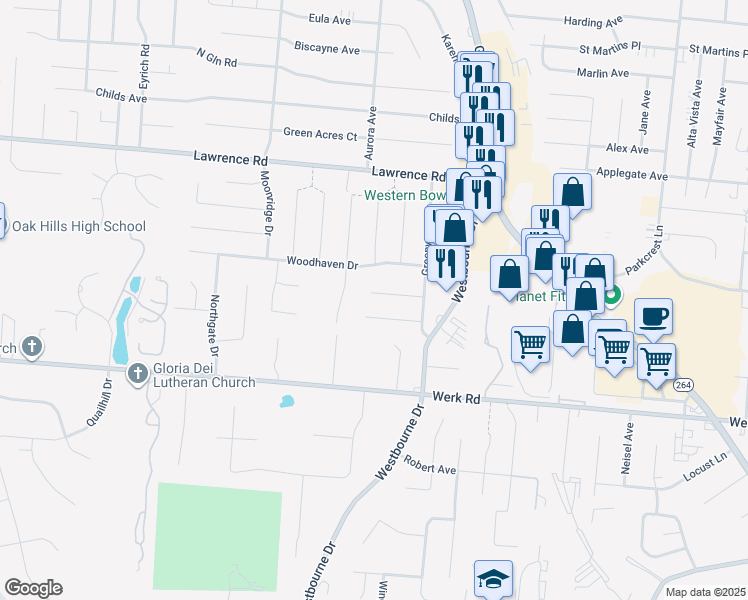 map of restaurants, bars, coffee shops, grocery stores, and more near 5495 Joey Terrace in Cincinnati
