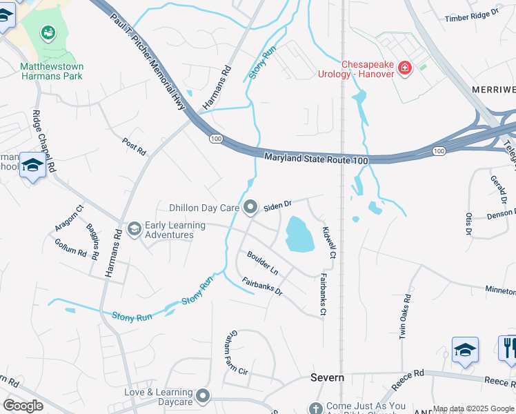 map of restaurants, bars, coffee shops, grocery stores, and more near 7712 Siden Drive in Hanover