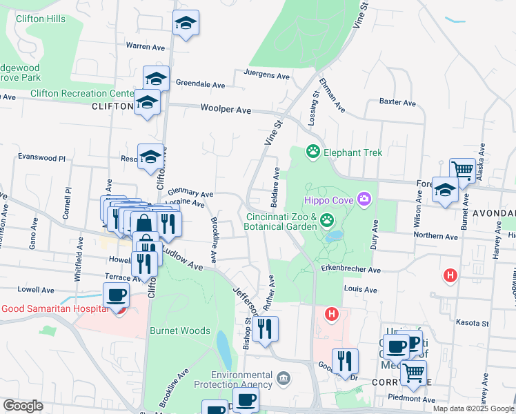 map of restaurants, bars, coffee shops, grocery stores, and more near 3512 Vine St in Cincinnati