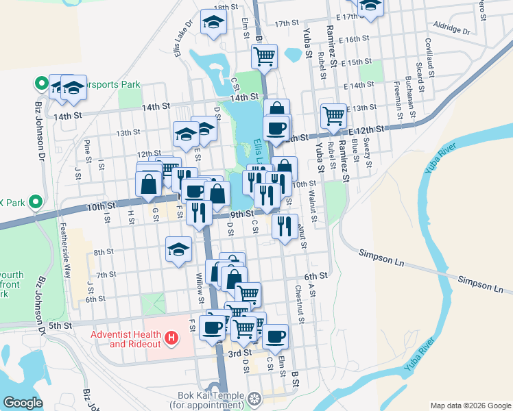 map of restaurants, bars, coffee shops, grocery stores, and more near 900 B Street in Marysville