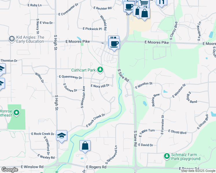 map of restaurants, bars, coffee shops, grocery stores, and more near 2560-2698 E Nora Hill Dr in Bloomington