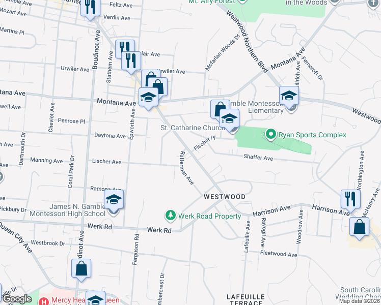 map of restaurants, bars, coffee shops, grocery stores, and more near Harrison Avenue & Fischer Place in Cincinnati