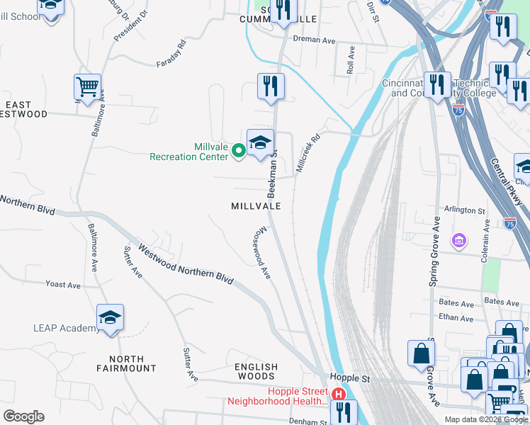 map of restaurants, bars, coffee shops, grocery stores, and more near 3277 Beekman Street in Cincinnati