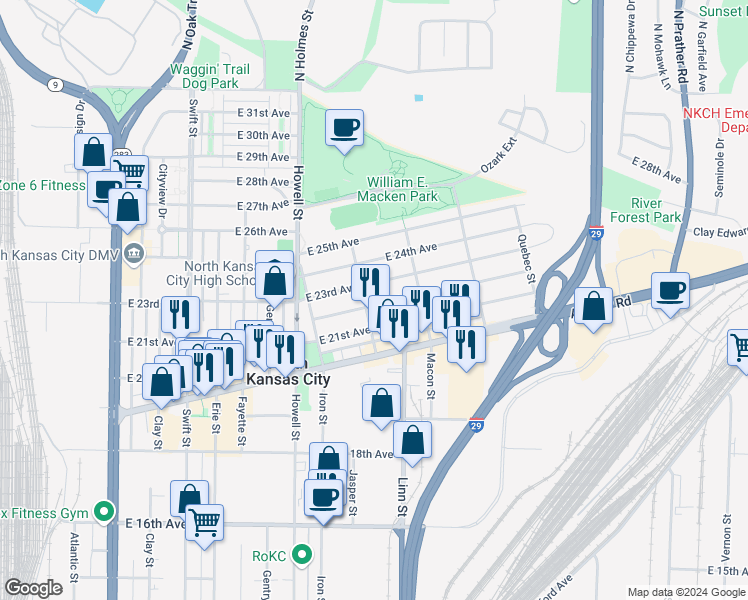 map of restaurants, bars, coffee shops, grocery stores, and more near 1004 East 22nd Avenue in North Kansas City