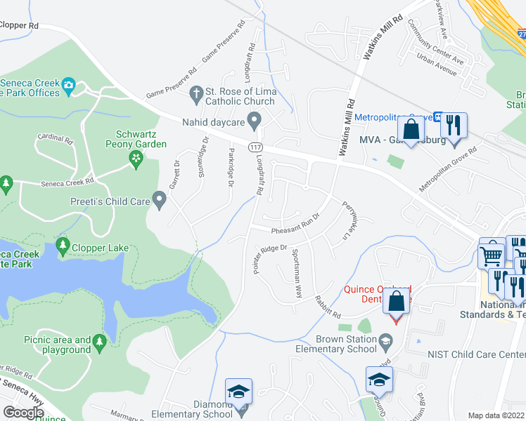 map of restaurants, bars, coffee shops, grocery stores, and more near 209 Cherrywood Terrace in Gaithersburg