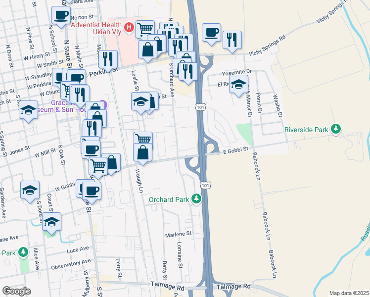map of restaurants, bars, coffee shops, grocery stores, and more near 693 South Orchard Avenue in Ukiah