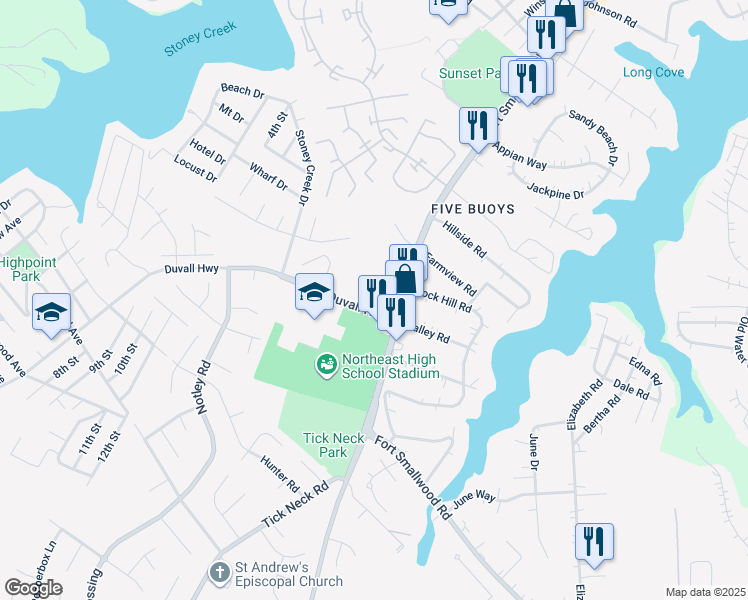 map of restaurants, bars, coffee shops, grocery stores, and more near 1130 Duvall Highway in Pasadena