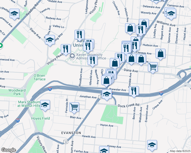 map of restaurants, bars, coffee shops, grocery stores, and more near 3618 Idlewild Avenue in Cincinnati