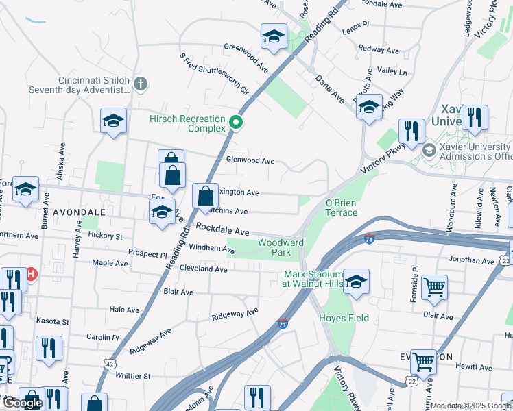 map of restaurants, bars, coffee shops, grocery stores, and more near 887 Lexington Avenue in Cincinnati