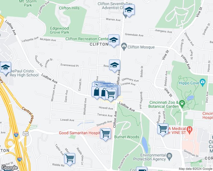 map of restaurants, bars, coffee shops, grocery stores, and more near 3503 Telford Street in Cincinnati