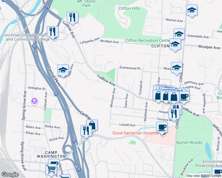map of restaurants, bars, coffee shops, grocery stores, and more near 617 Ludlow Avenue in Cincinnati
