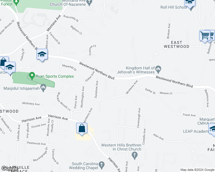 map of restaurants, bars, coffee shops, grocery stores, and more near 3115 McHenry Avenue in Cincinnati