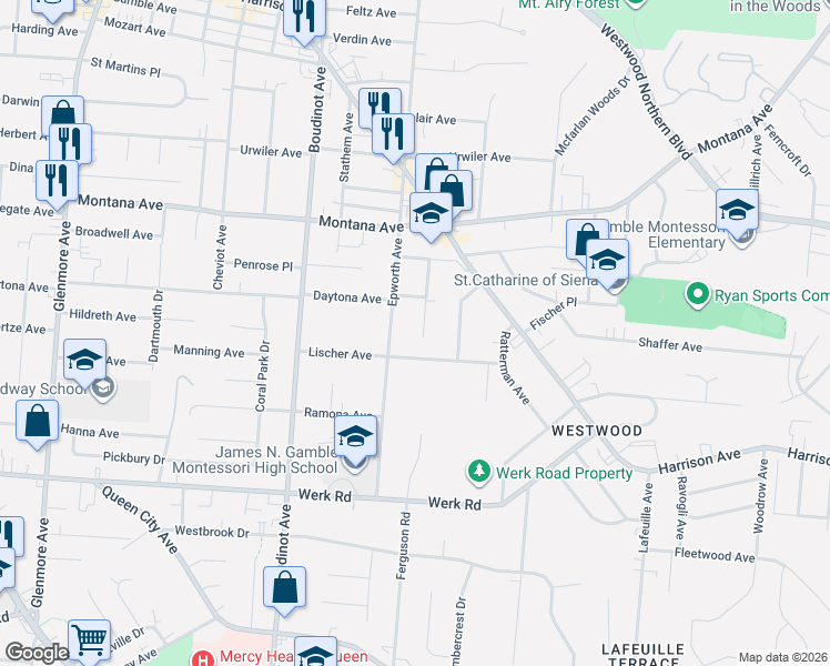 map of restaurants, bars, coffee shops, grocery stores, and more near 3246 Epworth Avenue in Cincinnati