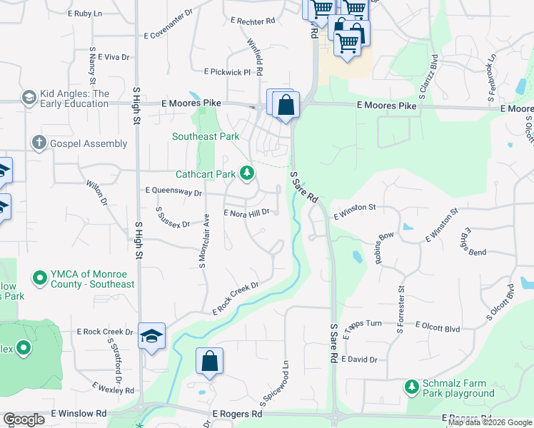 map of restaurants, bars, coffee shops, grocery stores, and more near 2560-2698 E Nora Hill Dr in Bloomington