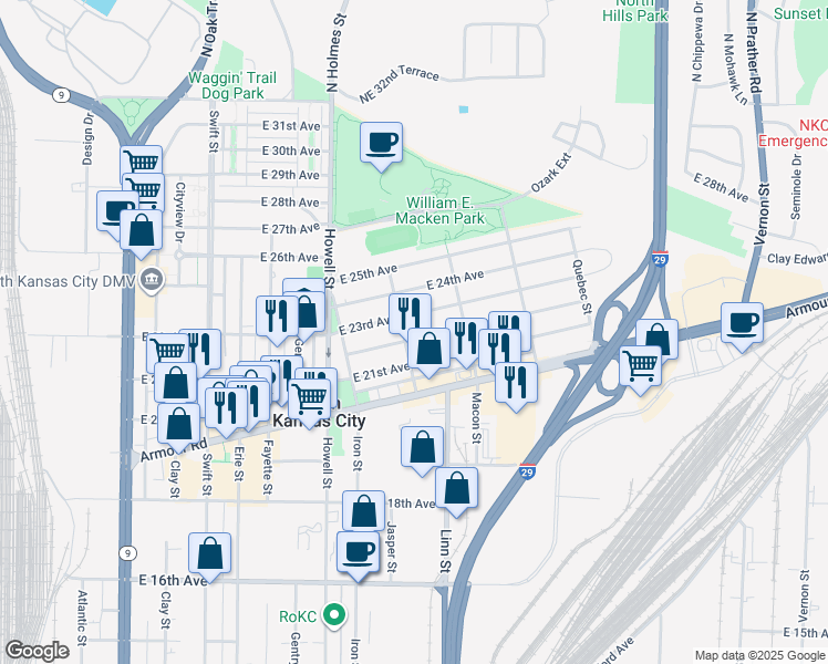 map of restaurants, bars, coffee shops, grocery stores, and more near 1010 East 22nd Avenue in North Kansas City
