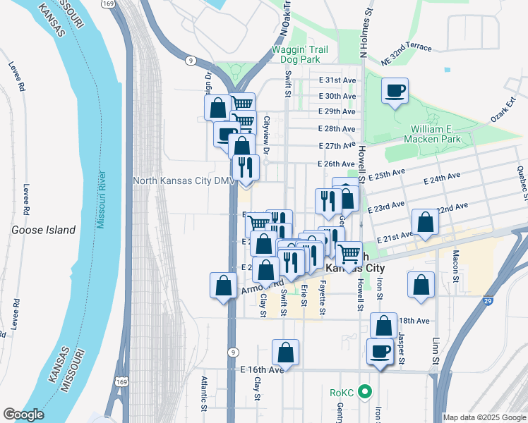 map of restaurants, bars, coffee shops, grocery stores, and more near 2300 Swift Street in Kansas City