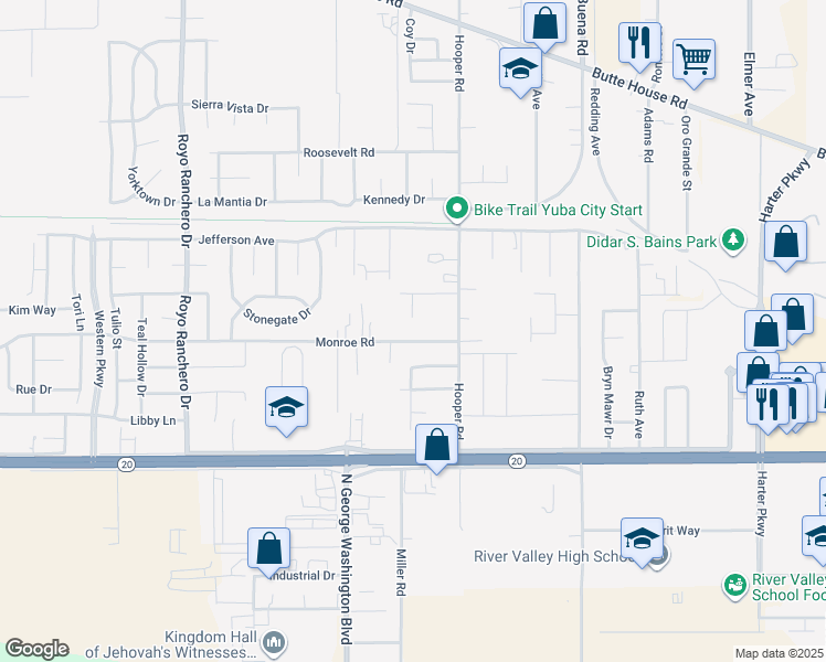 map of restaurants, bars, coffee shops, grocery stores, and more near 2891 Monroe Road in Yuba City