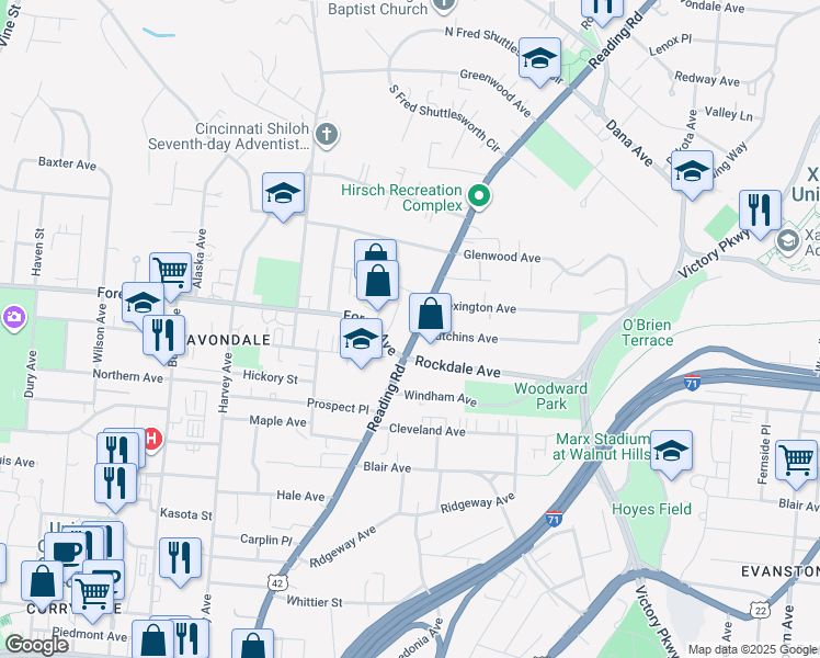 map of restaurants, bars, coffee shops, grocery stores, and more near 3539 Reading Road in Cincinnati
