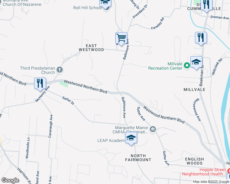 map of restaurants, bars, coffee shops, grocery stores, and more near 2181 Baltimore Avenue in Cincinnati