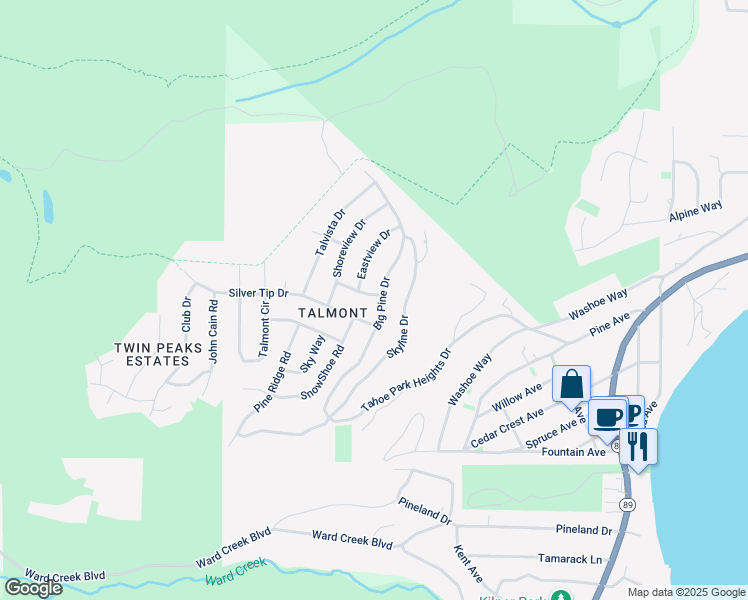 map of restaurants, bars, coffee shops, grocery stores, and more near 101 Timber Drive in Tahoe City