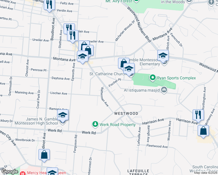 map of restaurants, bars, coffee shops, grocery stores, and more near 2898 Harrison Avenue in Cincinnati