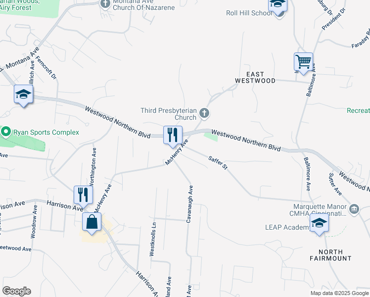 map of restaurants, bars, coffee shops, grocery stores, and more near 3260 McHenry Avenue in Cincinnati
