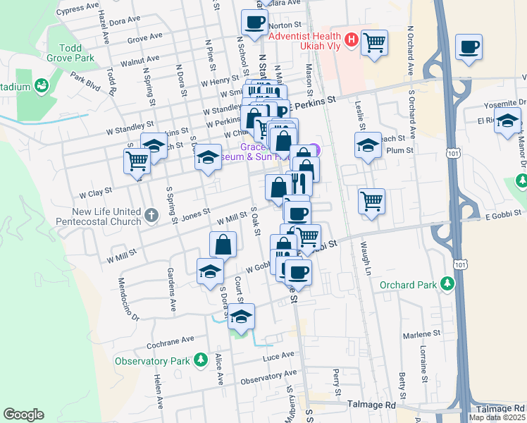 map of restaurants, bars, coffee shops, grocery stores, and more near West Mill Street in Ukiah