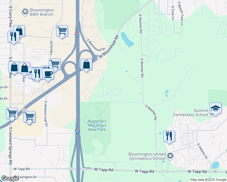 map of restaurants, bars, coffee shops, grocery stores, and more near 2106 South Oakdale Drive in Bloomington