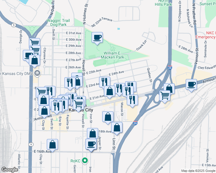 map of restaurants, bars, coffee shops, grocery stores, and more near 1010 East 22nd Avenue in North Kansas City