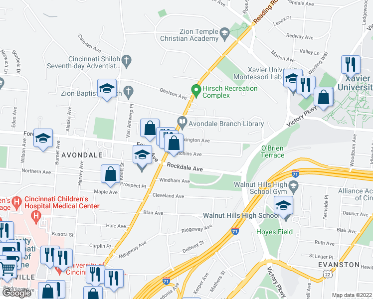 map of restaurants, bars, coffee shops, grocery stores, and more near 824 Hutchins Avenue in Cincinnati