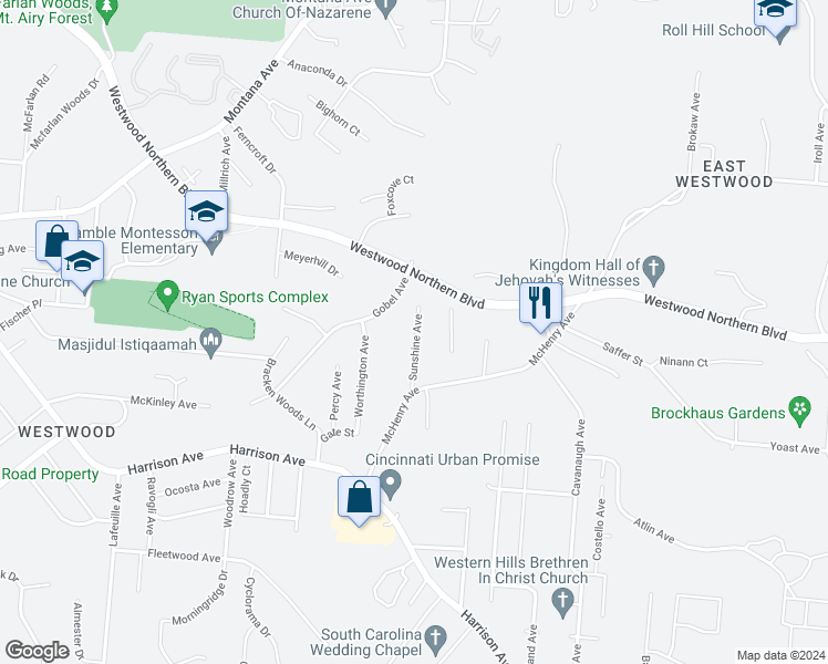 map of restaurants, bars, coffee shops, grocery stores, and more near 3145 Sunshine Avenue in Cincinnati
